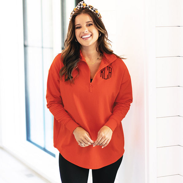 orange quarter zip monogrammed sweatshirt with headband