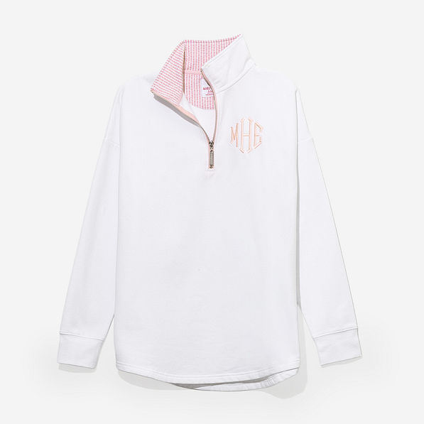 Monogrammed Quarter Zip Sweatshirt in Pink Seersucker