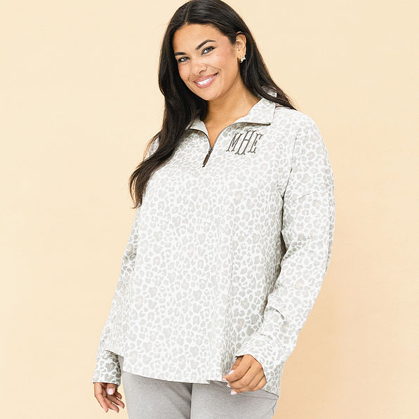 snow leopard quarter zip sweatshirt on julia ann