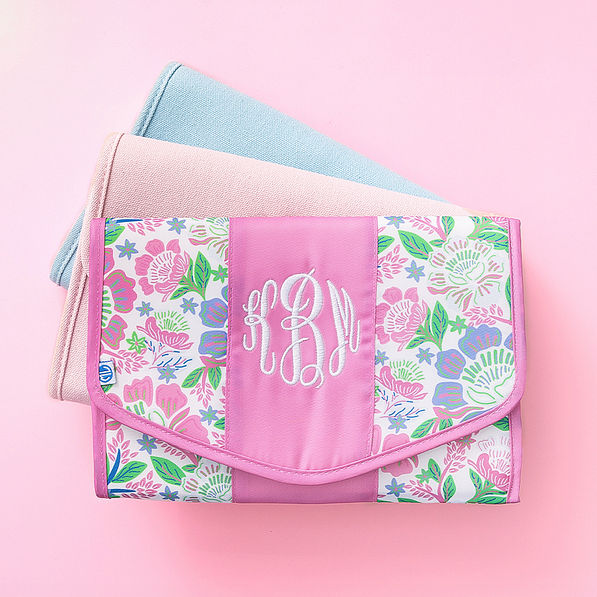 monogrammed travel jewelry organizer in orchid garden light pink and blue