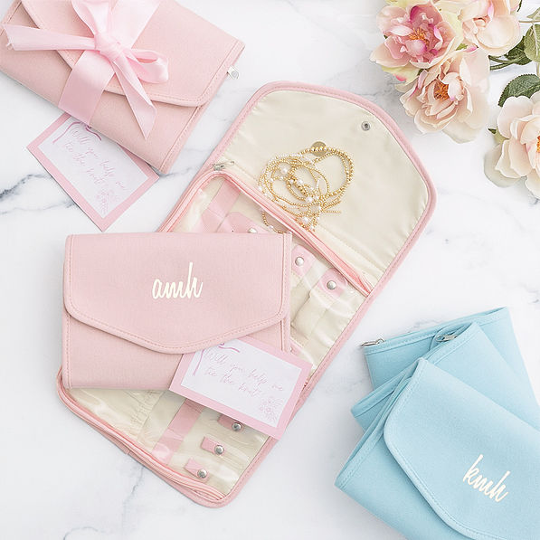 light pink and light blue monogrammed travel jewelry organizer bridesmaid gifts