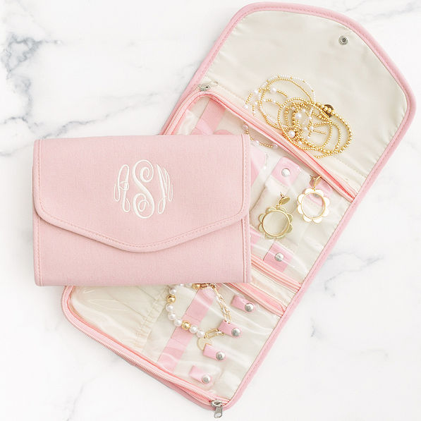 light pink monogrammed travel jewelry organizer packed