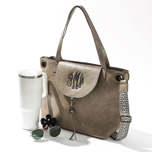taupe everyday tote bag studio shot with travel tumbler