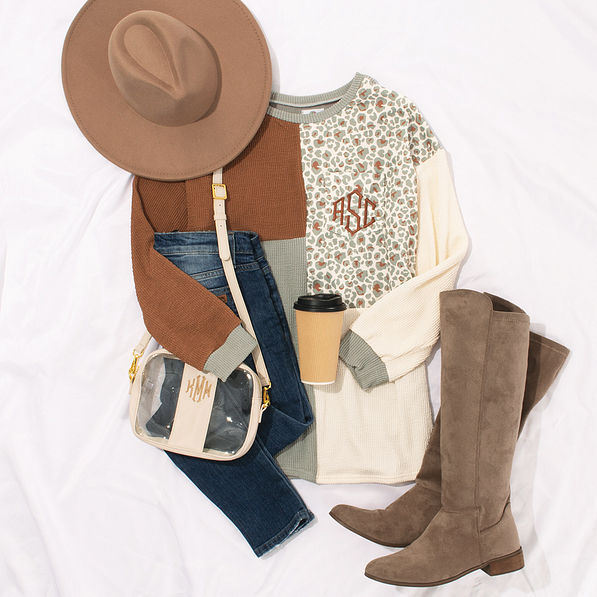 monogrammed patch leopard sweatshirt with wide brim hat and riding boots ootd