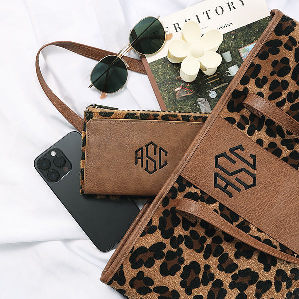 personalized leopard spots pocket tote bag and phone wallet