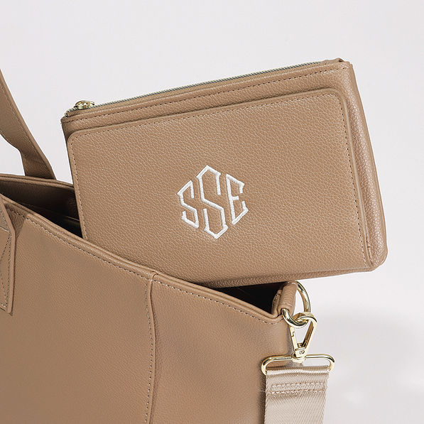 tan phone wallet with tote close up image