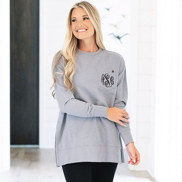 heathered grey monogrammed crewneck sweatshirt with leggings