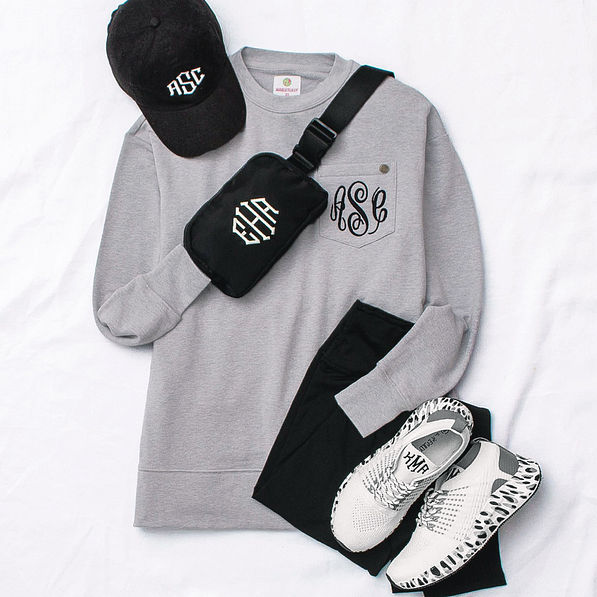 crewneck heathered gray sweatshirt with belt bag
