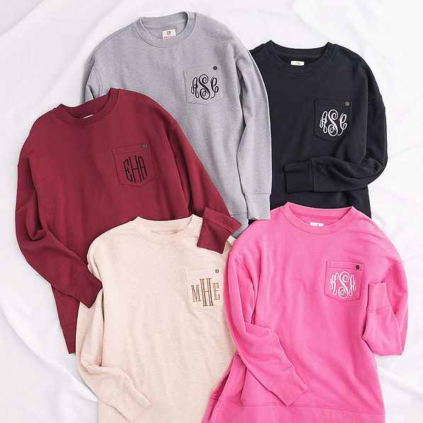 grey crimson oatmeal hot pink and black monogrammed crewneck sweatshirts