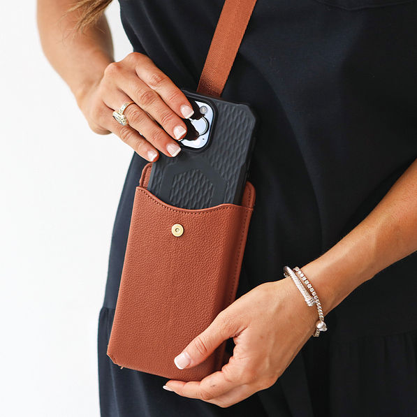 brown phone crossbody bag with phone