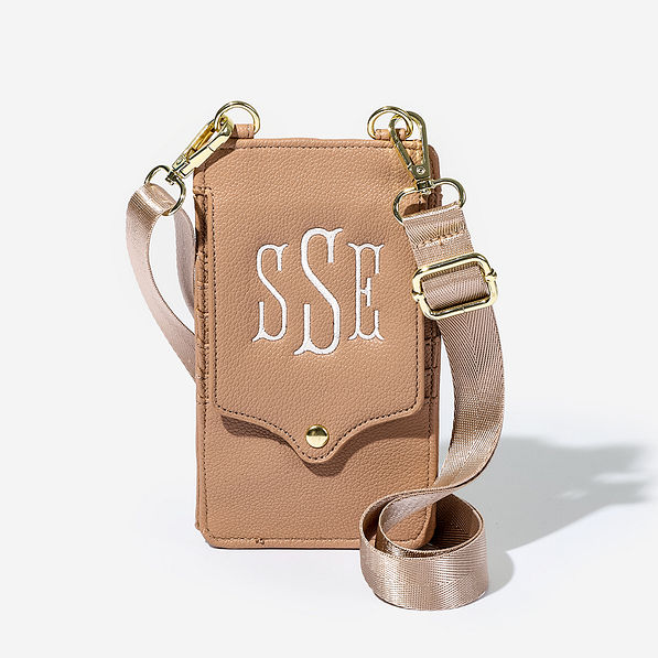 Monogrammed Phone Crossbody in Tan