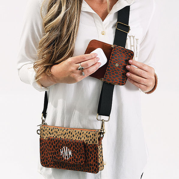 airpods in camel dottie crossbody purse