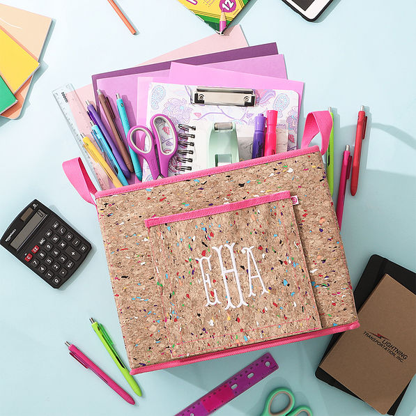 cork bin with school supplies