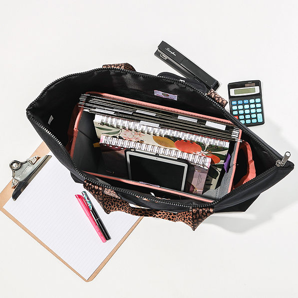 maple leopard bin inside large zip top tote