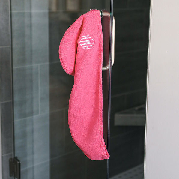 hot pink hair wrap on shower door