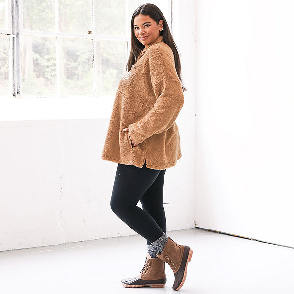 side of monogrammed camel sherpa pullover tunic