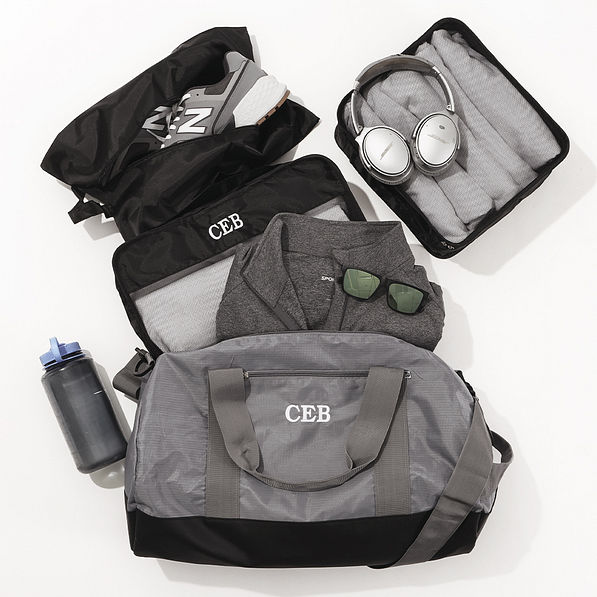 charcoal packable travel bag flatlay