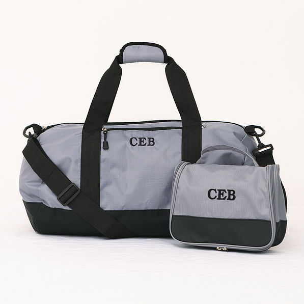 monogrammed packable travel bag and hanging toiletry bag in charcoal and black