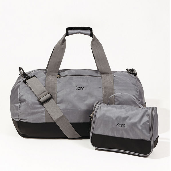 charcoal travel bag with black thread with packable hanging toiletry bag
