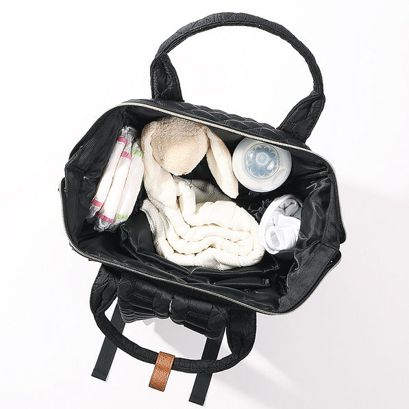 inside of black and brown leather diaper bag