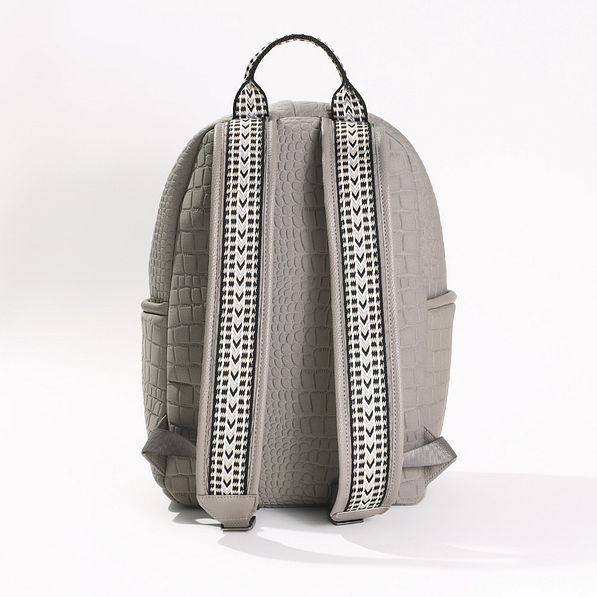 aztec accent straps on textured monogrammed grey neoprene backpack