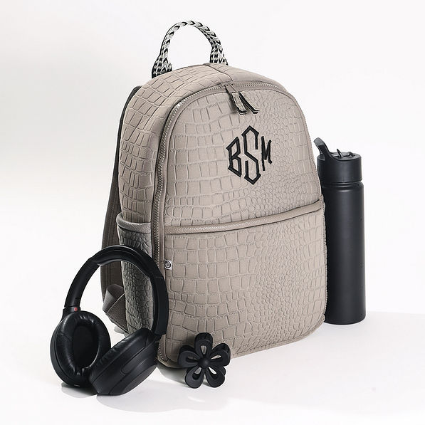 personalized textured neoprene backpack in gray with aztec accent straps