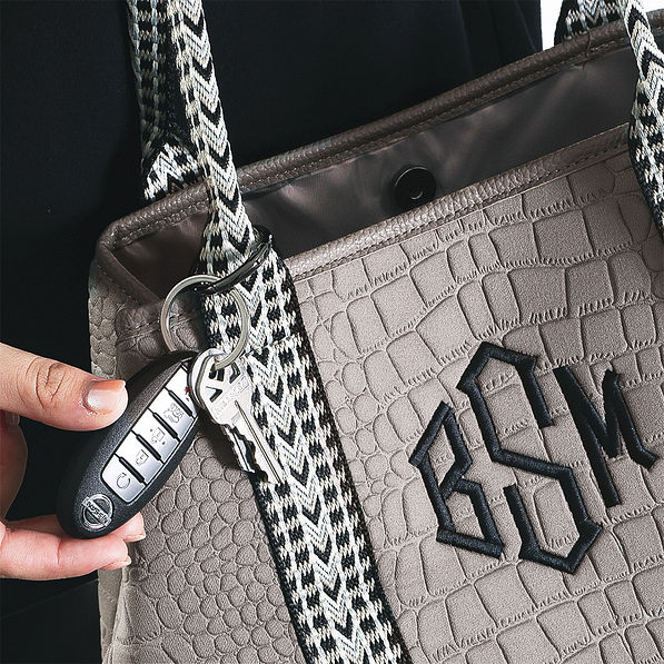 detail shot of taupe textured neoprene tote