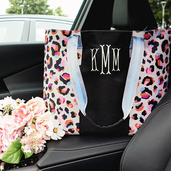 sunset leopard tote bag in car