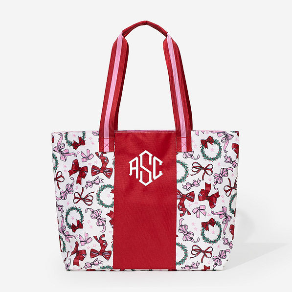 monogrammed tote bag in merry bows white monogram