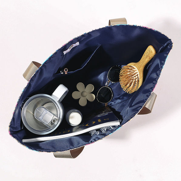 interior of vintage floral tote bag