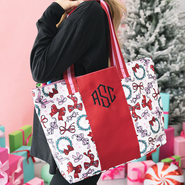 girl with merry bows monogrammed tote bag over shoulder