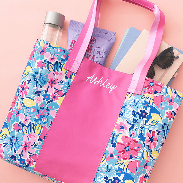 close up of watercolor whimsy monogrammed tote bag