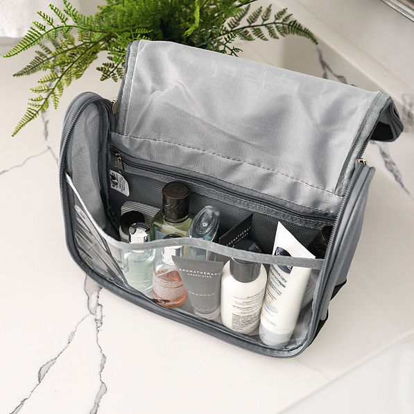 charcoal hanging toiletry bag open