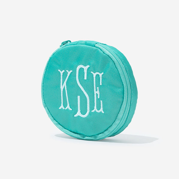 monogrammed travel jewelry case in teal