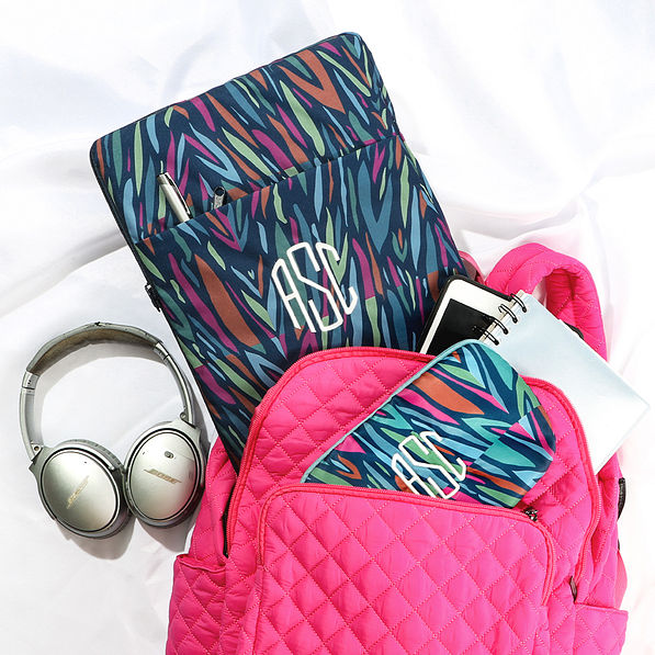 navy safari laptop sleeve flatlay