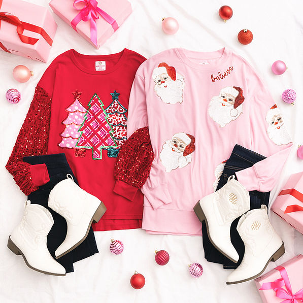 light pink and red christmas sweatshirts