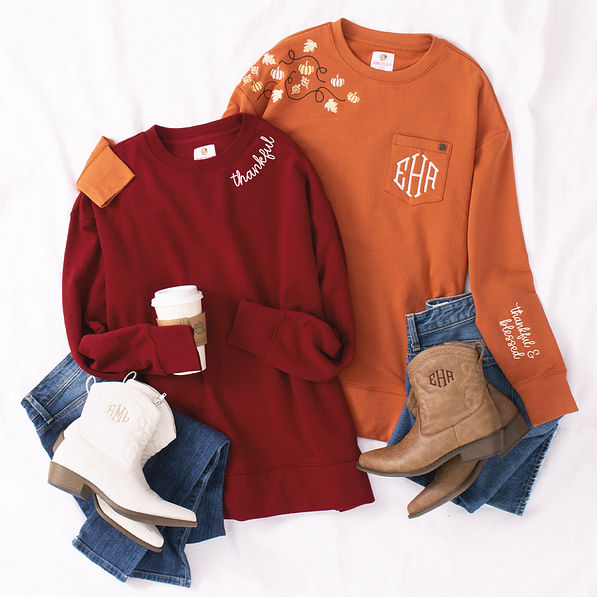burgundy and pumpkin thankful sweatshirts