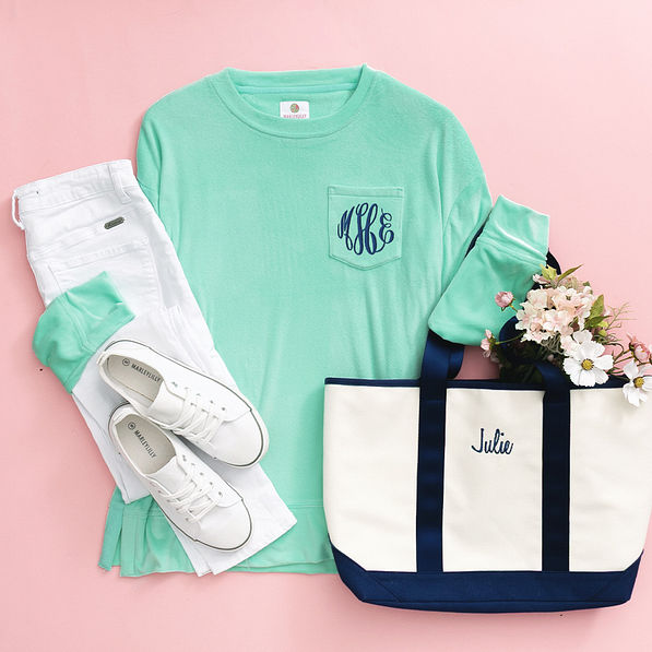 mint monogrammed softspun sweatshirt with navy tote