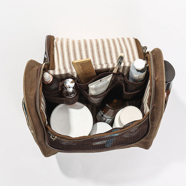 brown personalized waxed canvas hanging toiletry bag inside shot