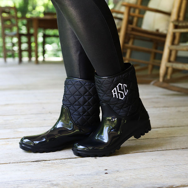 Monogrammed Rain Boots with black leggings