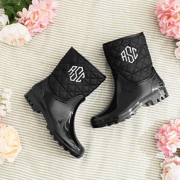 black rain boots with flowers