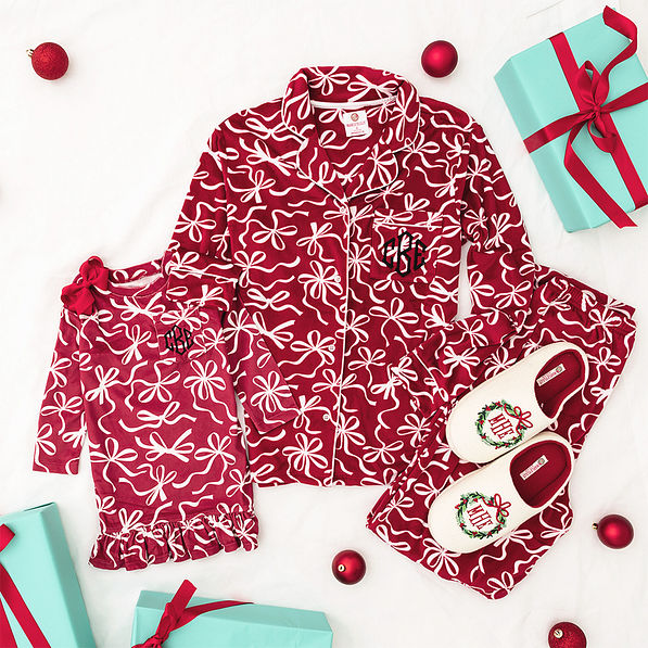 red bow-utiful softspun pajama set mom and me flatlay