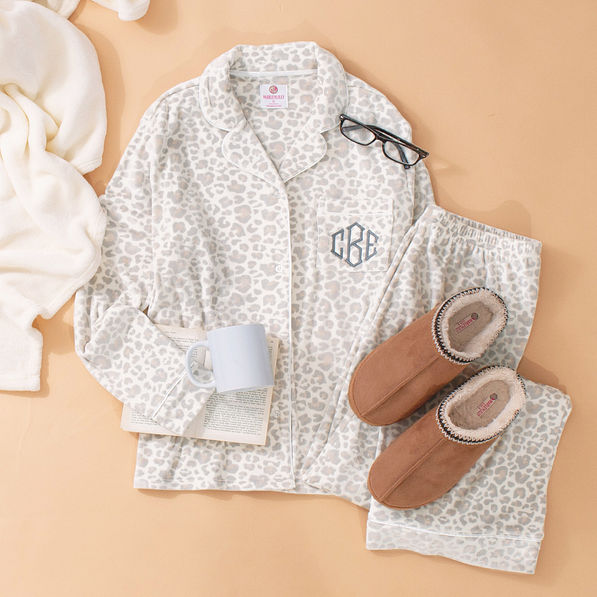 monogrammed softspun snow leopard pajama set with moccasins