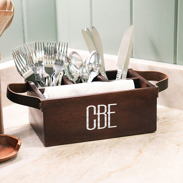 personalized wooden caddy with kitchen utensils