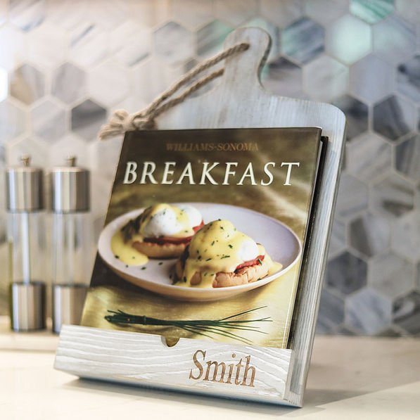light tan cookbook stand with breakfast cookbook