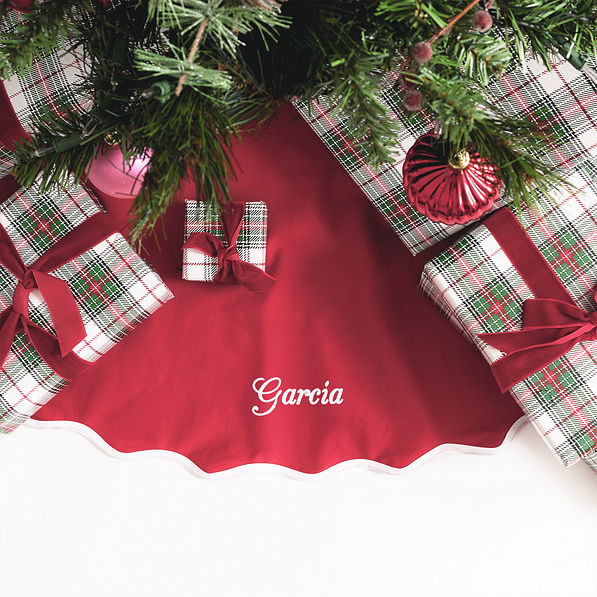 red tree skirt on white background with presents - updated with name