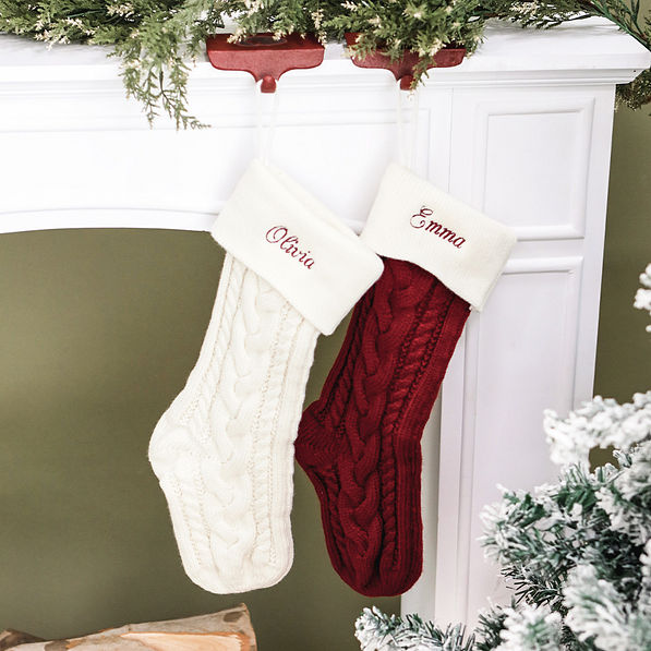duo christmas stockings in ivory and burgundy