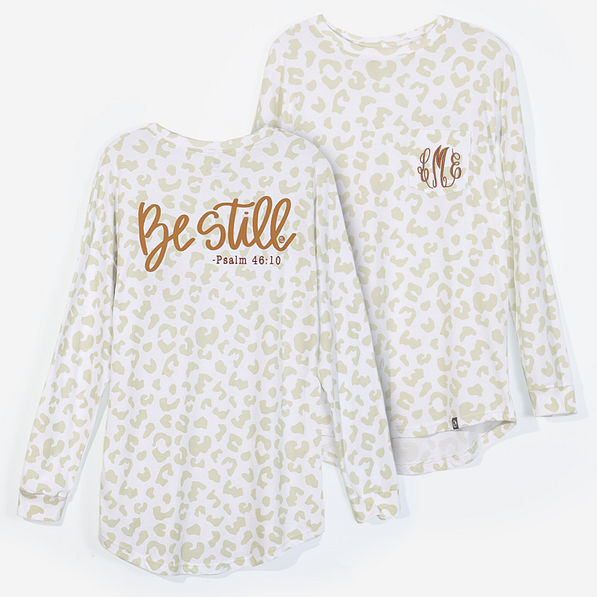 monogrammed faith shirt "be still" in snow leopard