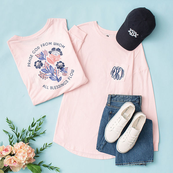 front and back blush monogrammed praise God from whom all blessings flow long sleeve shirt