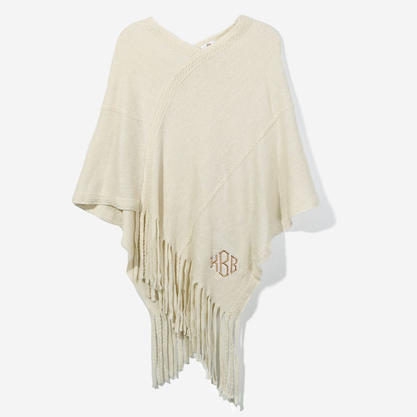 Monogrammed Fringe Poncho in Ivory